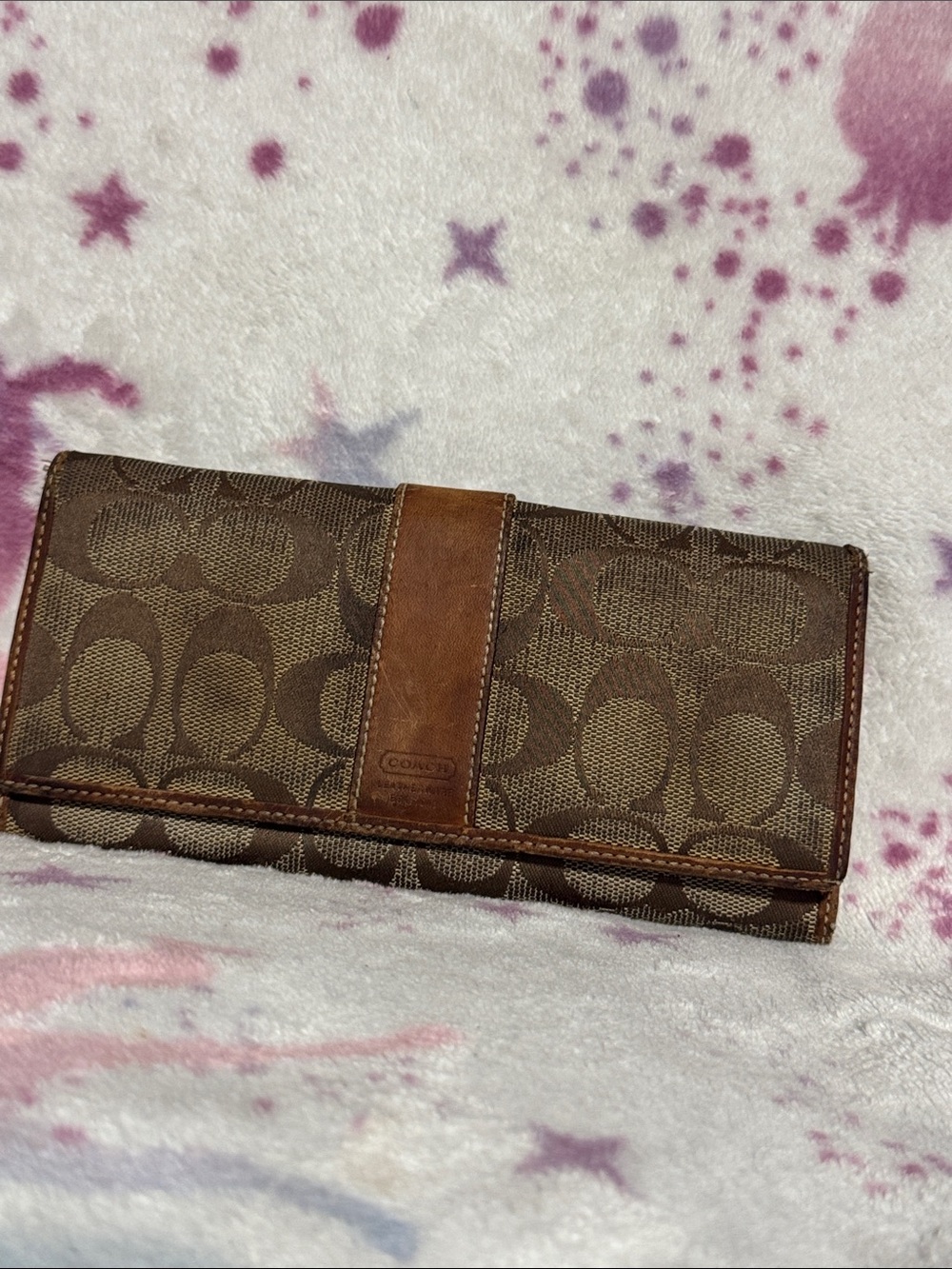 Coach Brown Signature Canvas Trifold Wallet with Leather Trim